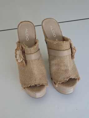 ALDO Beige Burlap Platform Mule Sandals with Flower Accent